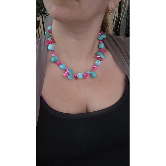 Hand Made Artisan Genuine Turquoise Blue Stone  Pink Baroque Pearls 18" NECKLACE - Picture 9 of 10
